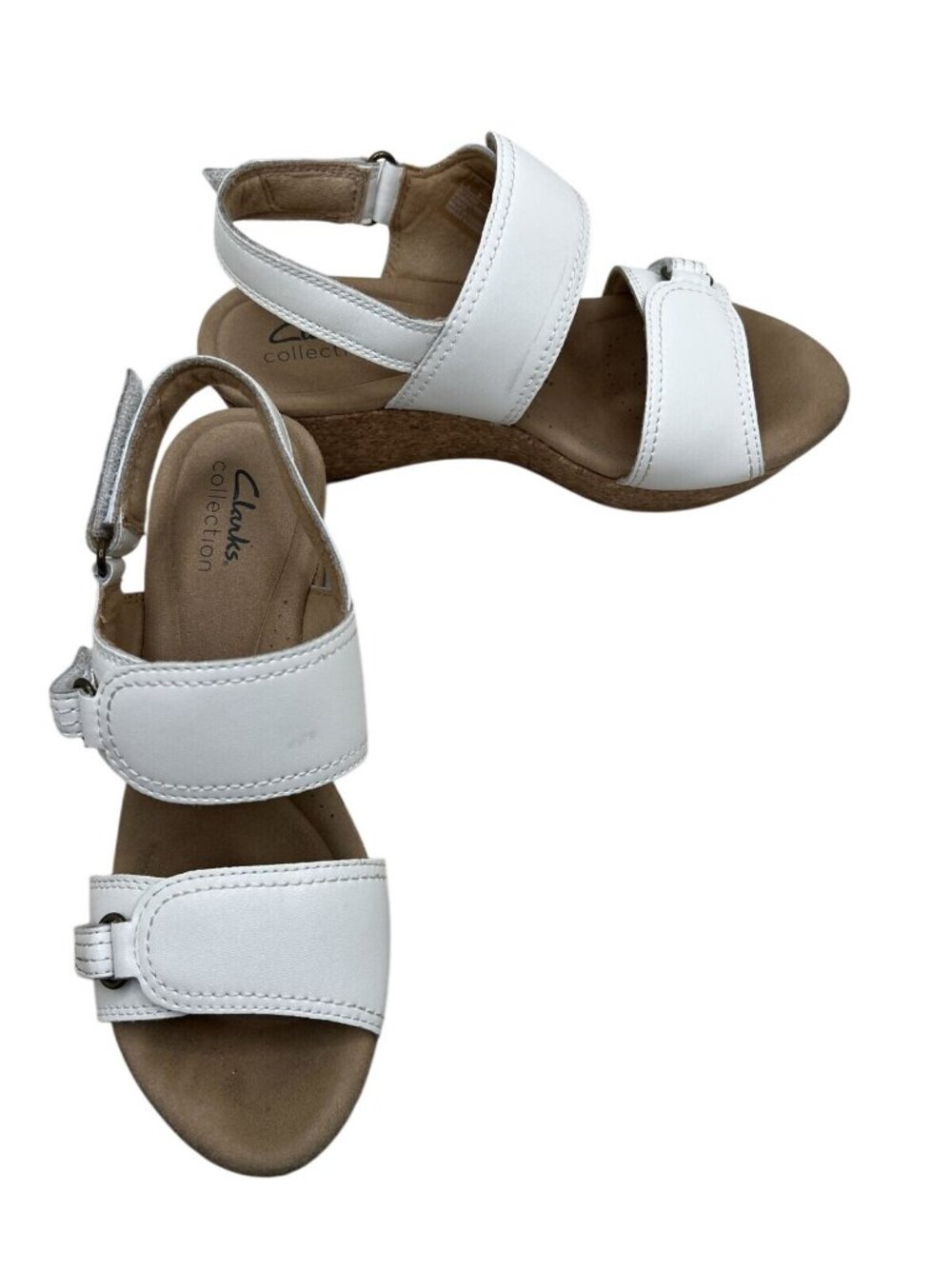 Clarks Collection White Leather Cork Wedge Sandals 6.5
